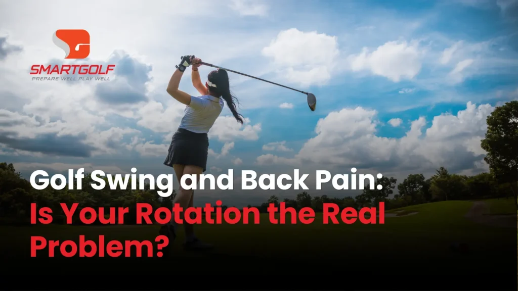 SmartGolf graphic of a golfer swinging on a sunny course, with headline “Golf Swing and Back Pain: Is Your Rotation the Real Problem?” posing concern.