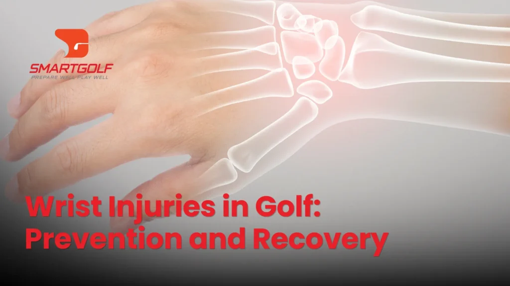 SmartGolf graphic shows a golfer’s wrist with highlighted bones and red text: “Wrist Injuries in Golf: Prevention and Recovery,” conveying an informative tone.